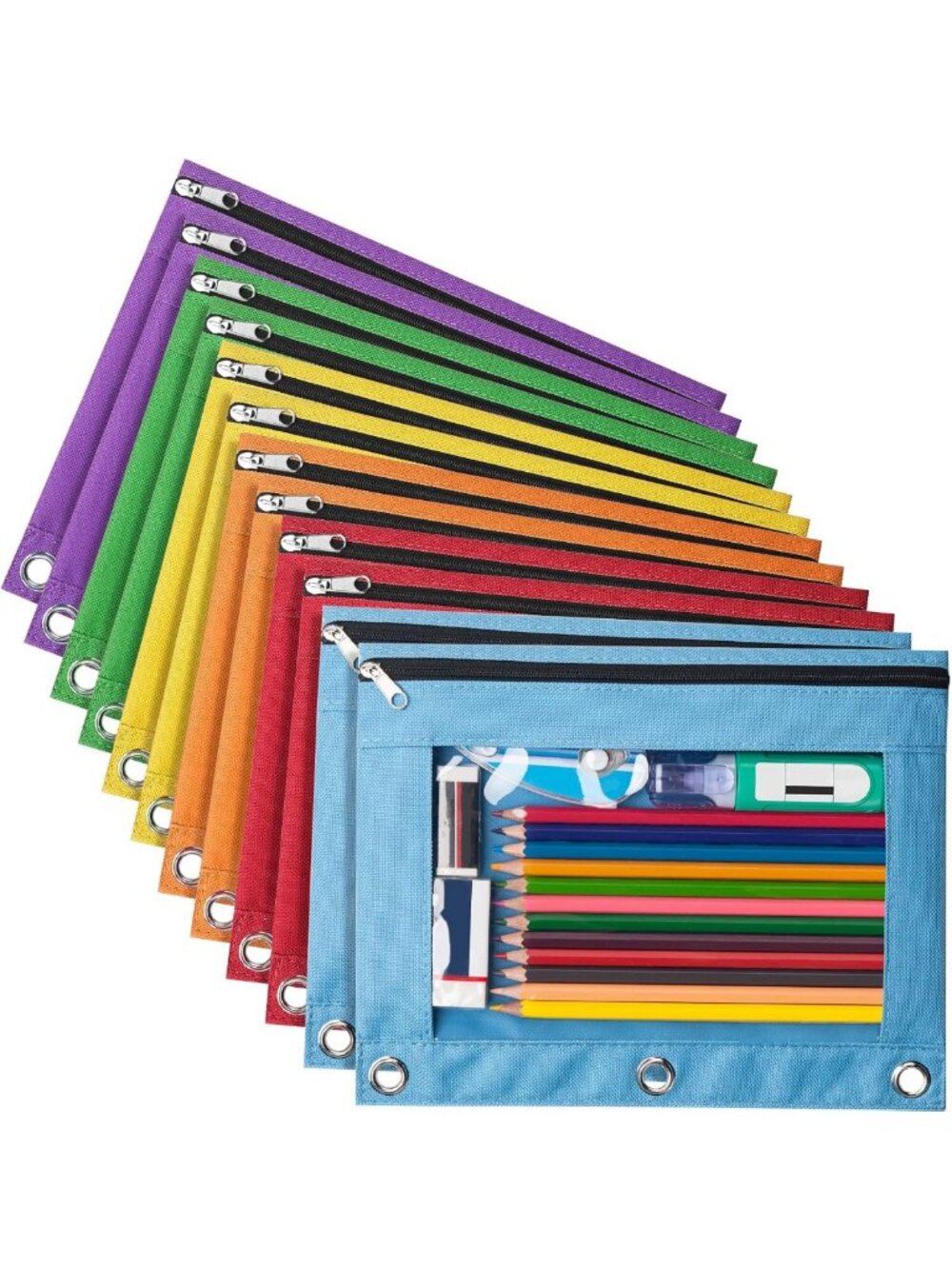 12 Pack Smooth Zipper Pencil Pouches for 3 Ring Binders, School Supplies Set